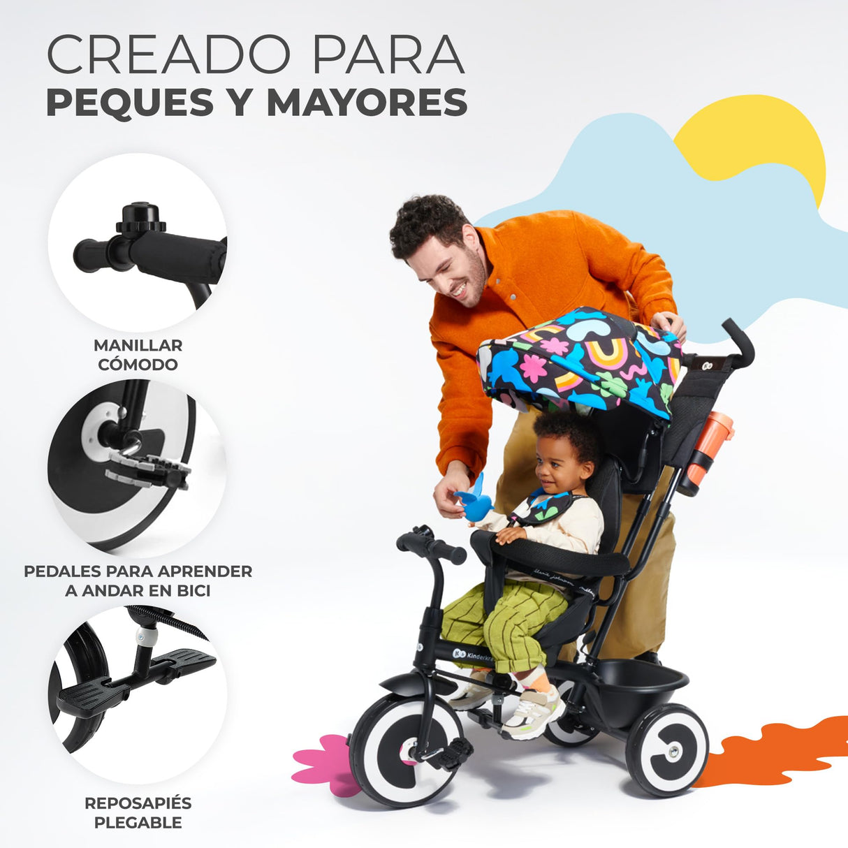 Kinderkraft Aston Triciclo Evolutivo, Bicicleta Sin Pedales, Bicicleta Bebe, para Niños, Cinturón, con Accesorios, Portavasos, Cesta, 9 Meses a 25 kg, Happy Shapes