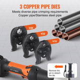 VEVOR Kit de Herramientas para Engarzar Tuberías Eléctricas con 2 Baterías de 18 V 2,0 Ah, Engarzadora Profesional con Mandíbulas V15, V22, V28, Cargador Rápido y Estuche de Transporte 360°