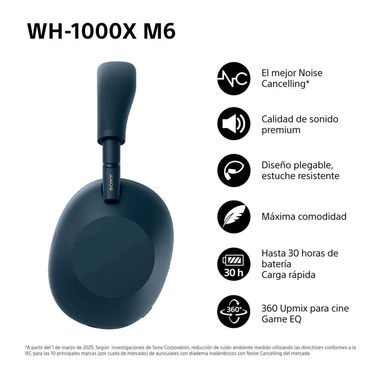 Sony WH-1000XM6 Auriculares Bluetooth inalámbricos con Noise Cancelling, Sonido de Alta resolución, cómodos, diseño Plegable, Estuche Resistente, 30 Horas de batería, iOS y Android - Azul Medianoche