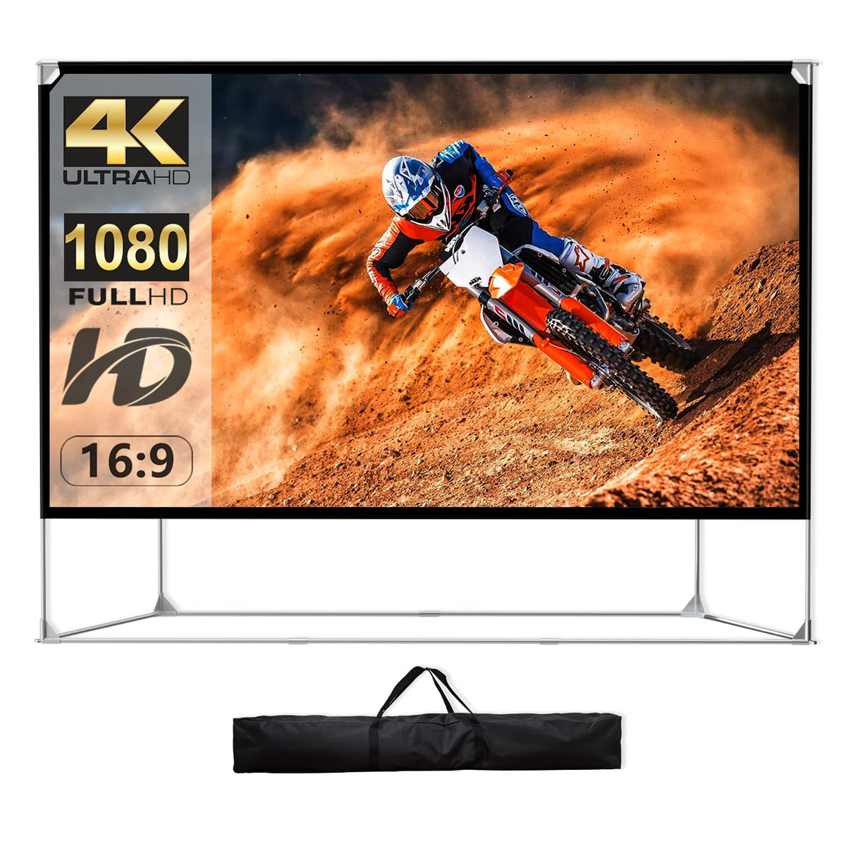 Pantalla de proyector y soporte de 150 pulgadas, 16:9 HD 4K, pantalla de proyector grande para exteriores, pantalla de proyección portátil con bolsa de transporte para cine en casa, patio, cine, viaje