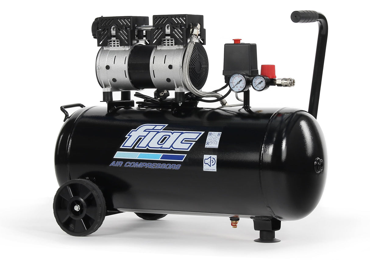 FIAC Compresor de Aire Móvil Silencioso SUPERSILENT 50, Sin Aceite, Presión Máxima 8 Bar, 1 Hp, Depósito 50 Litros, Nivel sonoro 58 dB LpA