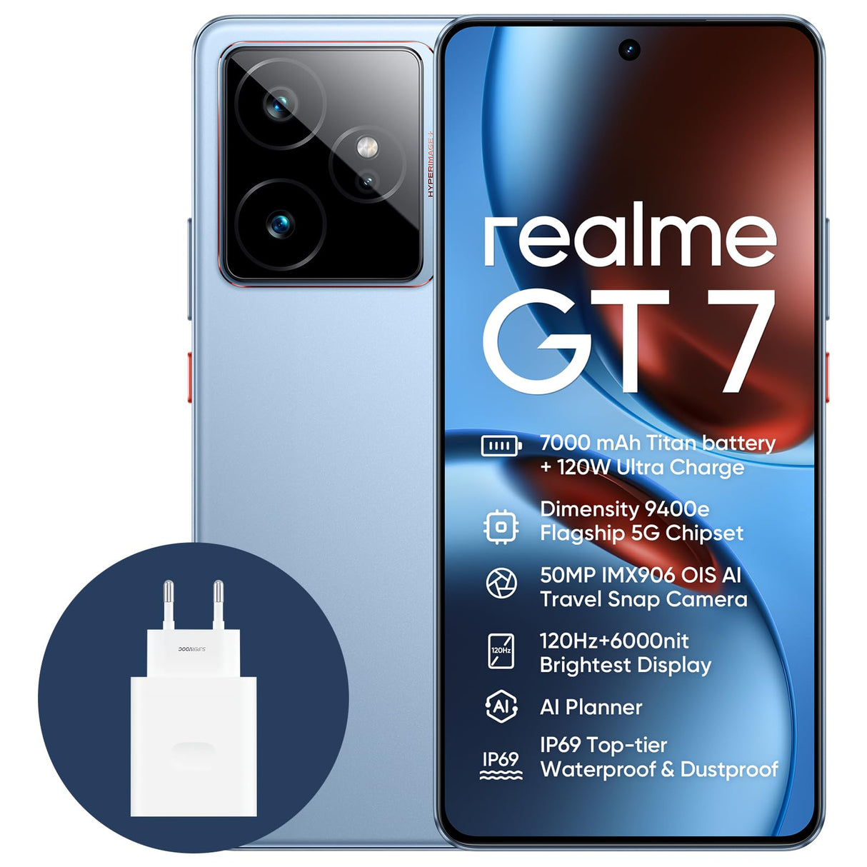 realme GT7 5G Smartphone,12+256GB, Batería de 7000 mAh,Carga de 120W,Procesador Dimensity 9400e,IMX906 50MP Cámara,AI Planner,Pantalla Pro-Esports de 6000 nits120Hz,IP69,Azul