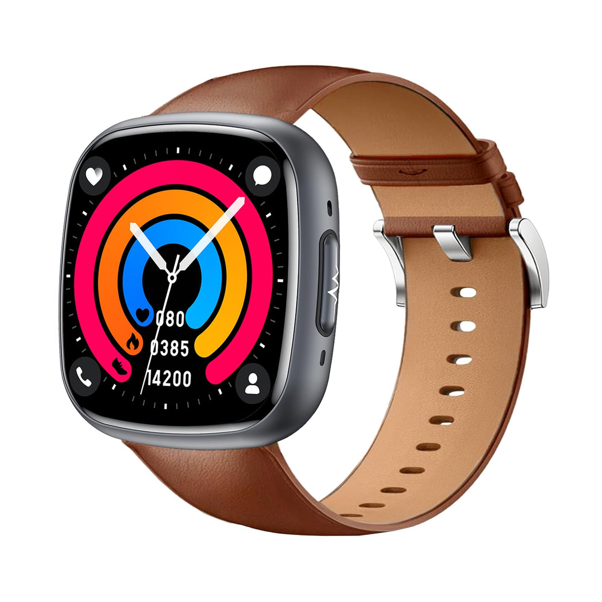 Knauermann Neo 2 (2025) - Negro Rectangular - Reloj de Salud Smartwatch - ECG - Función HRV - Bluetooth BT - Apnea del Sueño - Presión Arterial - Pulsera de Cuero de Vaca Marrón, Höhe: 42mm; Breite: