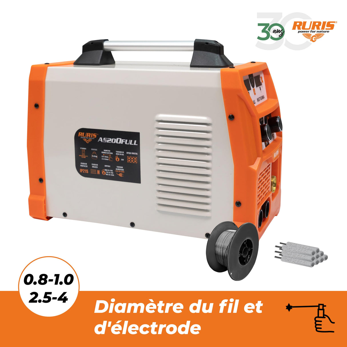 RURIS - Estación de soldadura inversor AS200FULL 200A – MIG/MAG sin gas, LIFT TIG, MMA – 230 V, 60% Duty Cycle, Ø Alambre 0,8-1 mm, Ø electrodos 2,5-4 mm, kit completo incluido