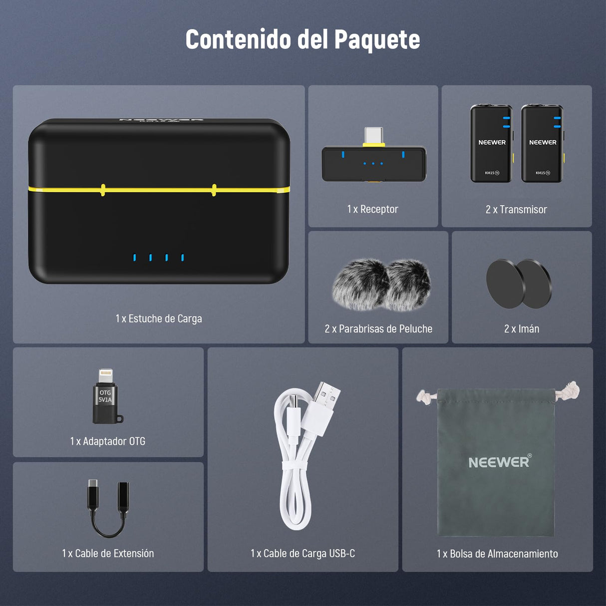 NEEWER KM15 Sistema Micrófono Solapa Inalámbrico, Compatible con iPhone Android PC, Mini Mic Solapa USB C con Cancelar Ruido, Alcance 300m 48KHz/24Bits, Batería 9 Horas para Grabación Streaming