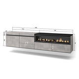 Skraut Home | Mueble TV | Televisión | Muebles de salón, almacenaje | 200x45x35cm | para TV hasta 80" | Chimenea eléctrica | Colgado, Suspendido | Estilo Moderno | Cemento