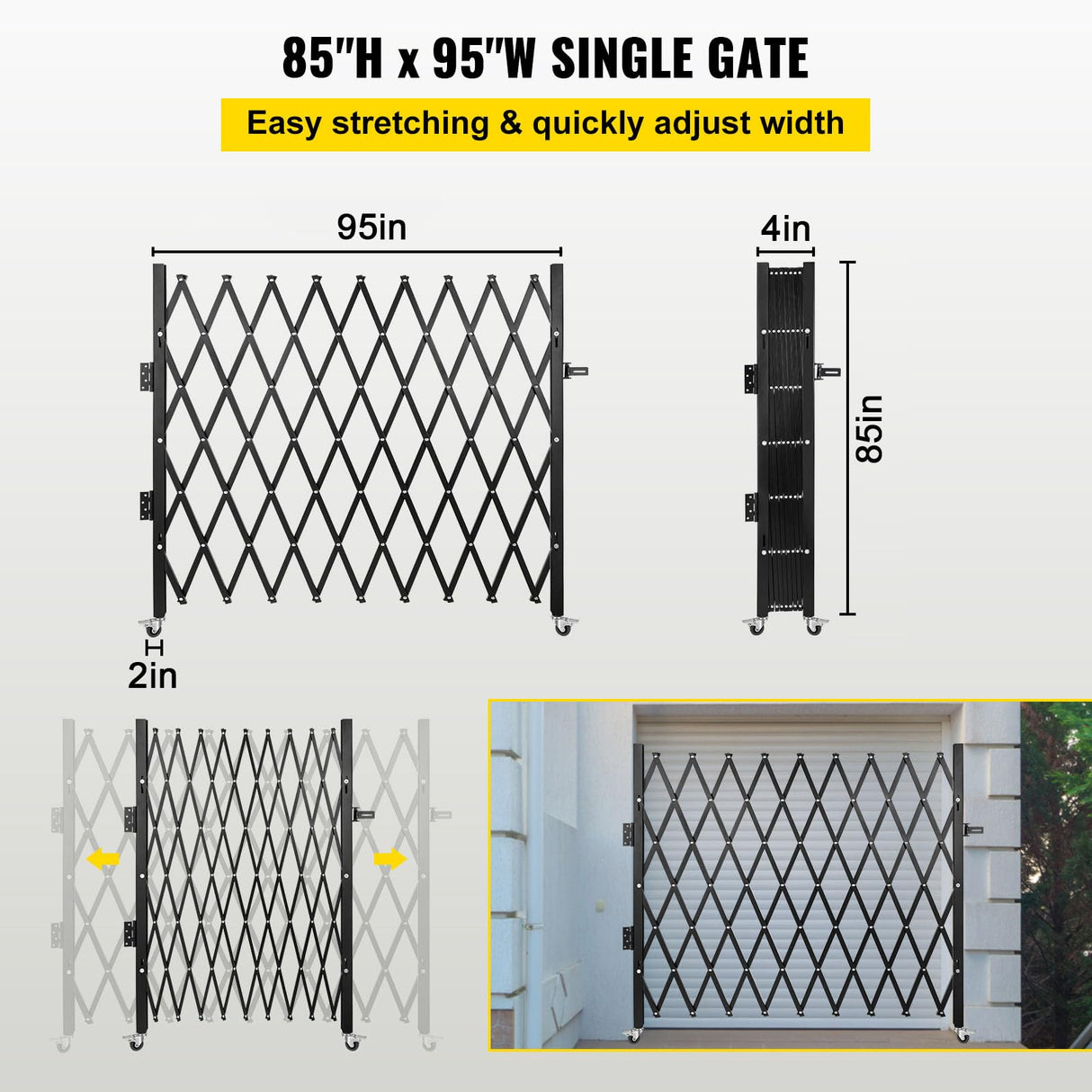 VEVOR Barrera de Seguridad Extensible Plegable Individual 2,4 x 2,16 m Valla de Escalera de Acero Enrollable 360° Puerta de Tijera o Puerta con candado para Garaje del sótano de casa, Negro