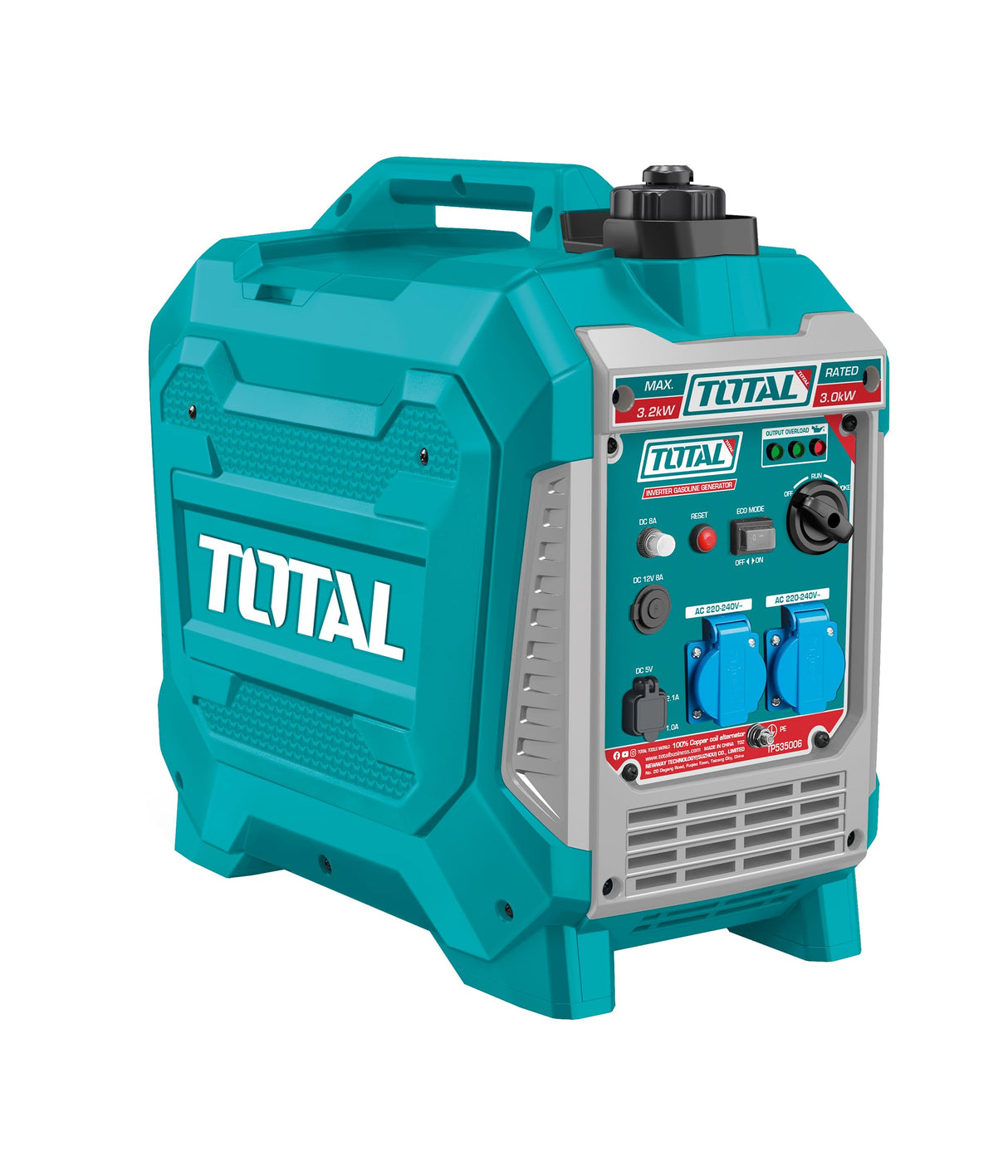 TOTAL - Generador Eléctrico a Gasolina | Insonorizado Inverter 3.3kW | Salidas USB y Toma 250V | Bajo Nivel Sonoro 64dB | Portátil 25kg, Verde, 55l x 55an cm, Plástico