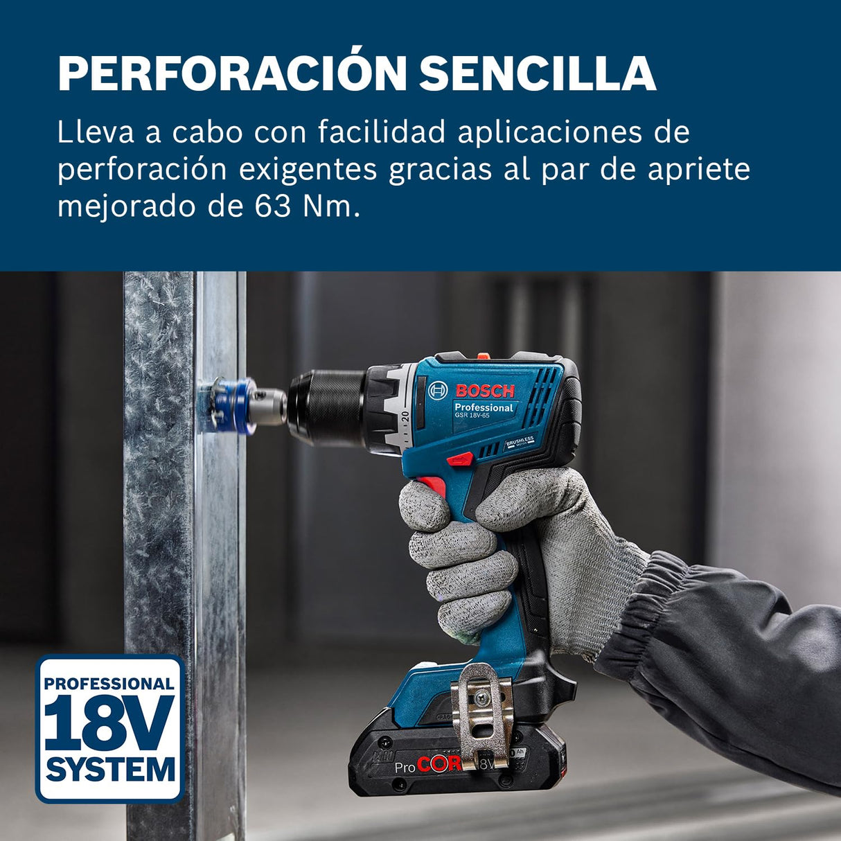 Bosch Professional 18V System atornillador a batería GSR 18V-65 (motor Brushless sin escobillas, 2 baterías GBA 18V 2.0Ah, cargador GAL 18V-20, L-Case)
