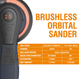 Lijadora orbital 2,5 mm sin escobillas 350W MAXXT, Lijadora electrica 150mm 4000-10000RPM-(6 velocidades ajustables) Freno automático-2s, conexión de tres núcleos y 10 hojas de papel de lija