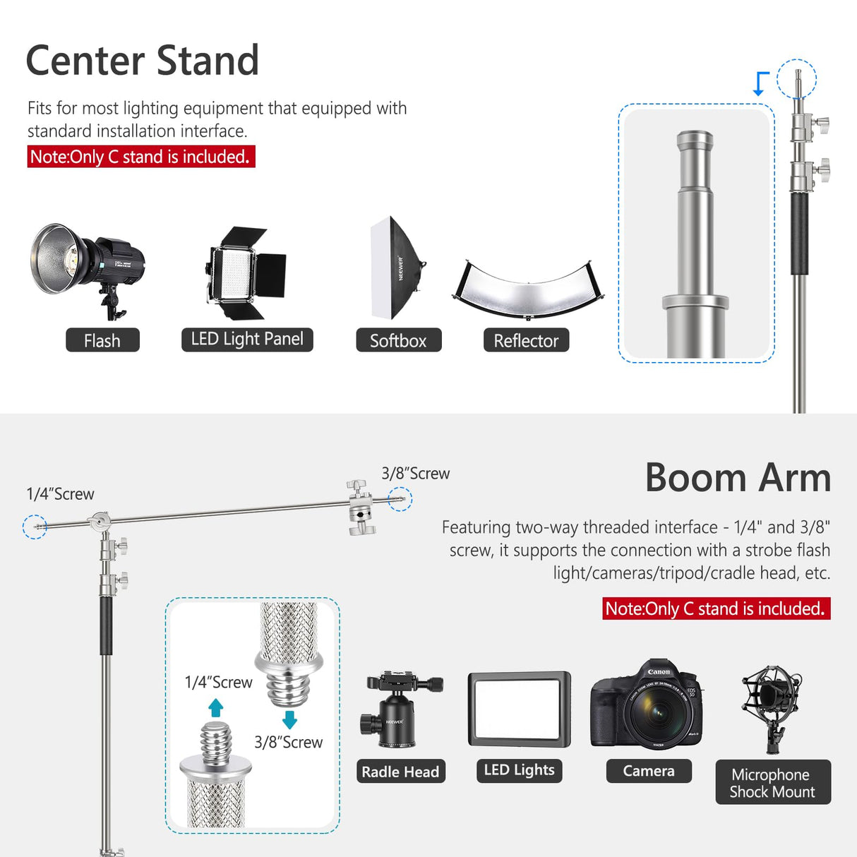 Neewer Pro 100% Metal C Soporte Luz Soporte con Ruedas Máx. Soporte Reflector Ajustable de 330CM de Altura con Brazo Articulado de 120cm y 3 Poleas