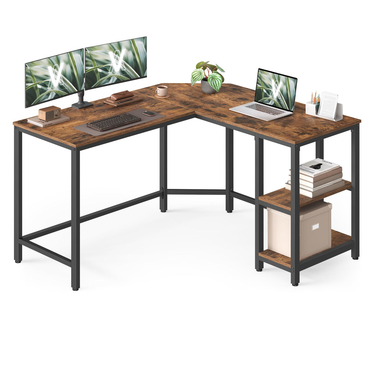 VASAGLE Escritorio, Mesa de Ordenador en Forma de L, 120 x 130 x 76 cm, Esquina con 2 Estantes, Ahorra Espacio, para Oficina Casa, Juegos, Marrón Rústico y Negro Tinta LWD123K01