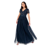 Maya Deluxe Women's Maxi Dress Ladies Floral Sequin Embellished V-Neck Short Sleeve Tulle Sash Tie Belt Empire A-Line Bridesmaid, Navy Blue, 52