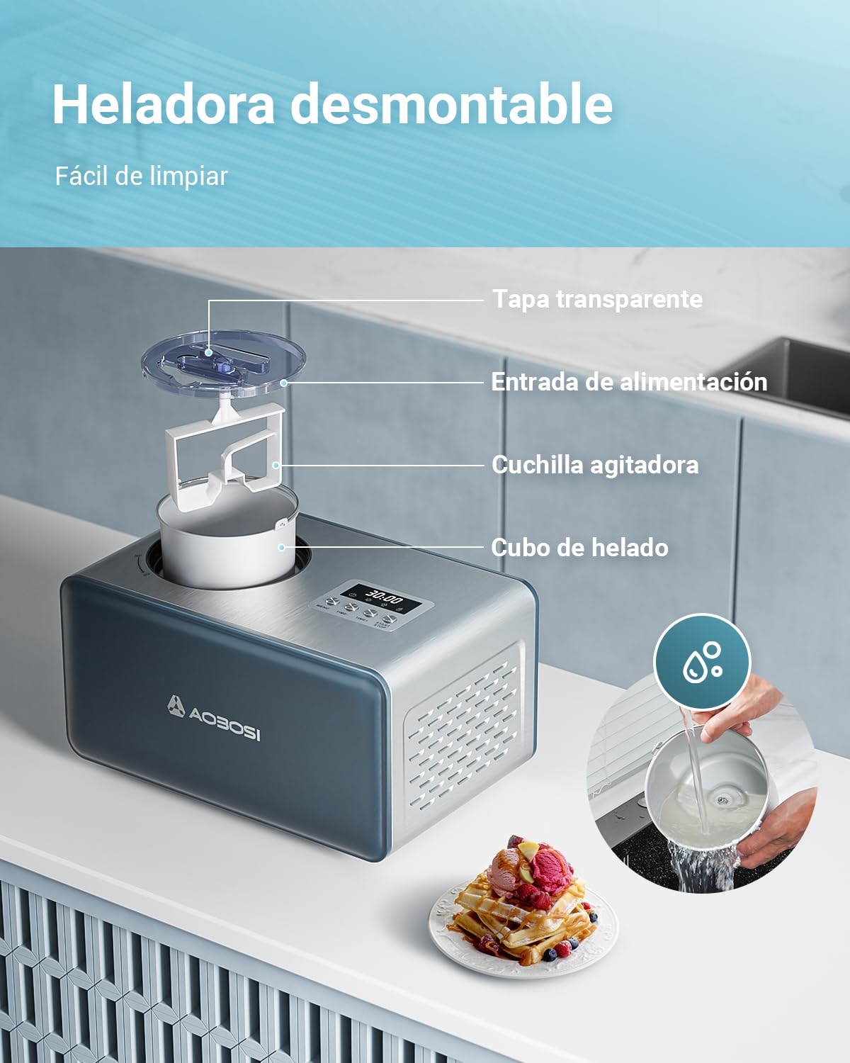 Aobosi Heladora&Gelato Sorbete Helado Yogurt Maker,Máquina de helados con pantalla LED y temporizador,Fácil de operar,Acero inoxidable,1.5L,Paleta mezcladora desmontable