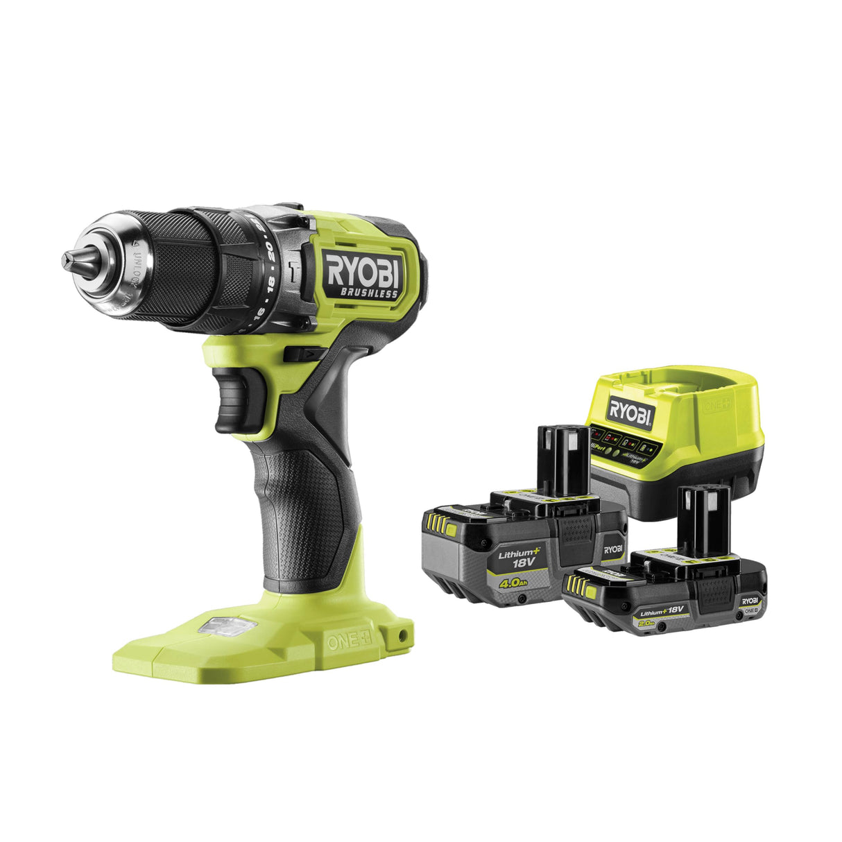 RYOBI ONE+ 18V Taladro percutor sin escobillas – 54 Nm, mandril 13 mm, 2 velocidades (0–450/0–1.700 rpm), 24 posiciones de par – Incluye baterías 2,0 Ah + 4,0 Ah y cargador