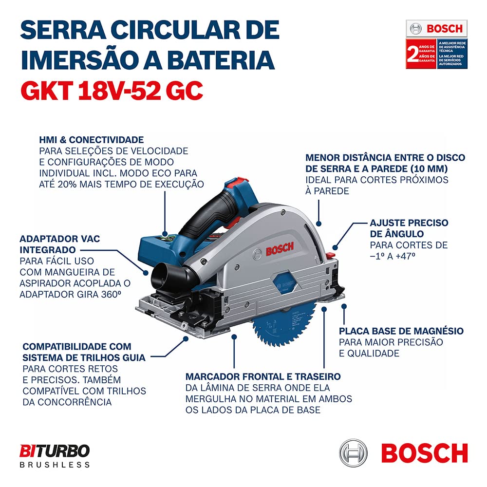 Bosch Professional BITURBO GKT 18V-52 GC - Sierra circular de inmersión a batería (Brushless, 18V, disco Ø 140 mm, Connectivity, sin batería, en L-BOXX)