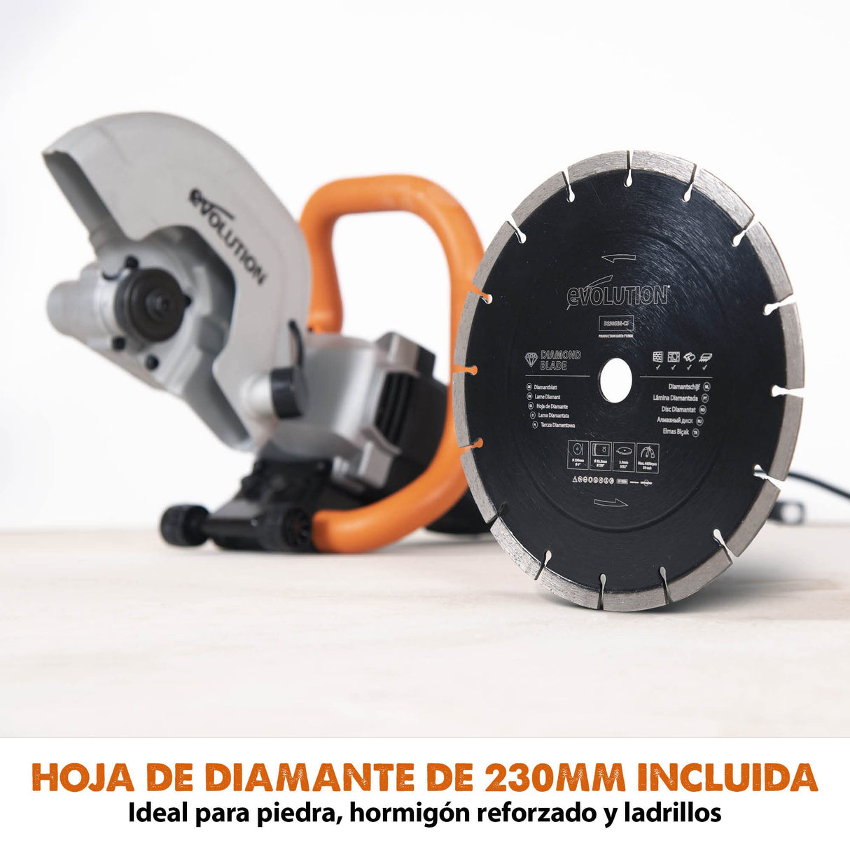 Evolution Sierra para hormigón de 230 mm R230DCT de Evolution: motor de 2000 W, sin gasolina, corte de 90 mm, incl. hoja de diamante para mampostería