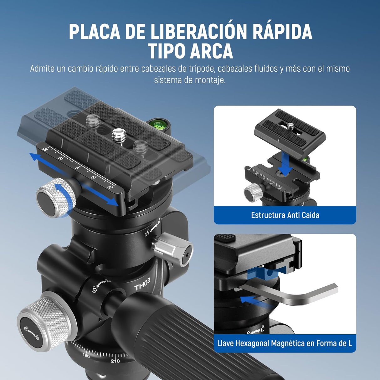 NEEWER Cámara Vídeo Trípode Cabezal Inclinable con Base Niveladora +/-15°, Cabezal de Trípode Fotografía con Mango Retráctil,1/4" Placa QR Tipo Arca para Videocámara DSLR, Carga Máx 11lb/5kg, TH03