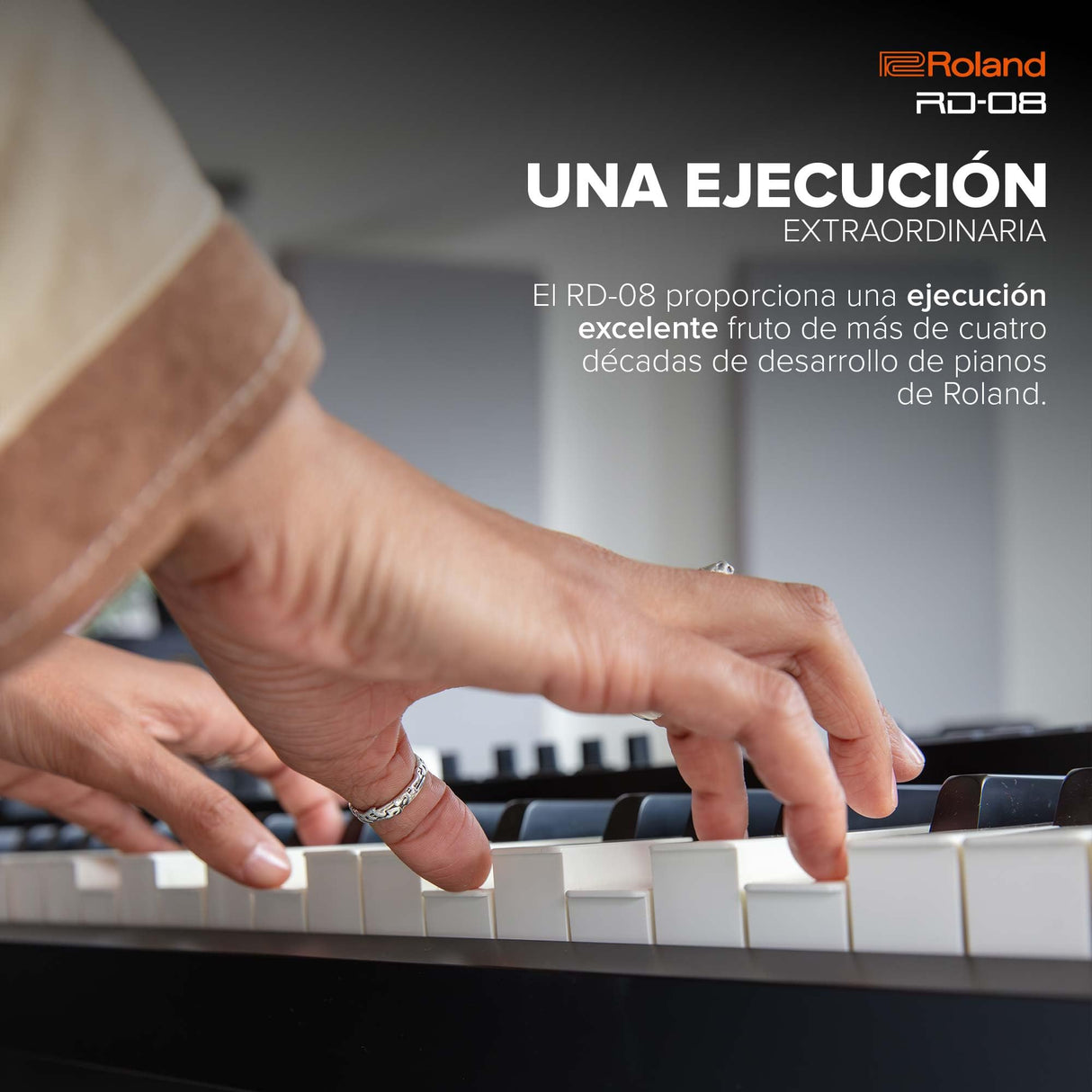 Piano de escenario Roland RD-08 | Sonido y ejecución RD auténticos | Diseño estilizado | Teclado PHA-4 contrapesado de 88 notas | Características ampliables | +3.000 sonidos integrados
