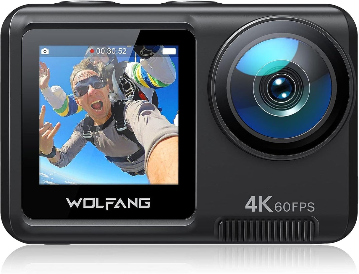 WOLFANG GA420 Cámara Deportiva Doble Pantalla 4K 60FPS 24MP, 10M Cuerpo/40M Impermeable, WiFi Webcam Videocámara Subacuática, Micrófono Dual, Control Remoto, EIS, 2x1350mAh Baterías,Accesorios