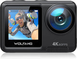 WOLFANG GA420 Cámara Deportiva Doble Pantalla 4K 60FPS 24MP, 10M Cuerpo/40M Impermeable, WiFi Webcam Videocámara Subacuática, Micrófono Dual, Control Remoto, EIS, 2x1350mAh Baterías,Accesorios