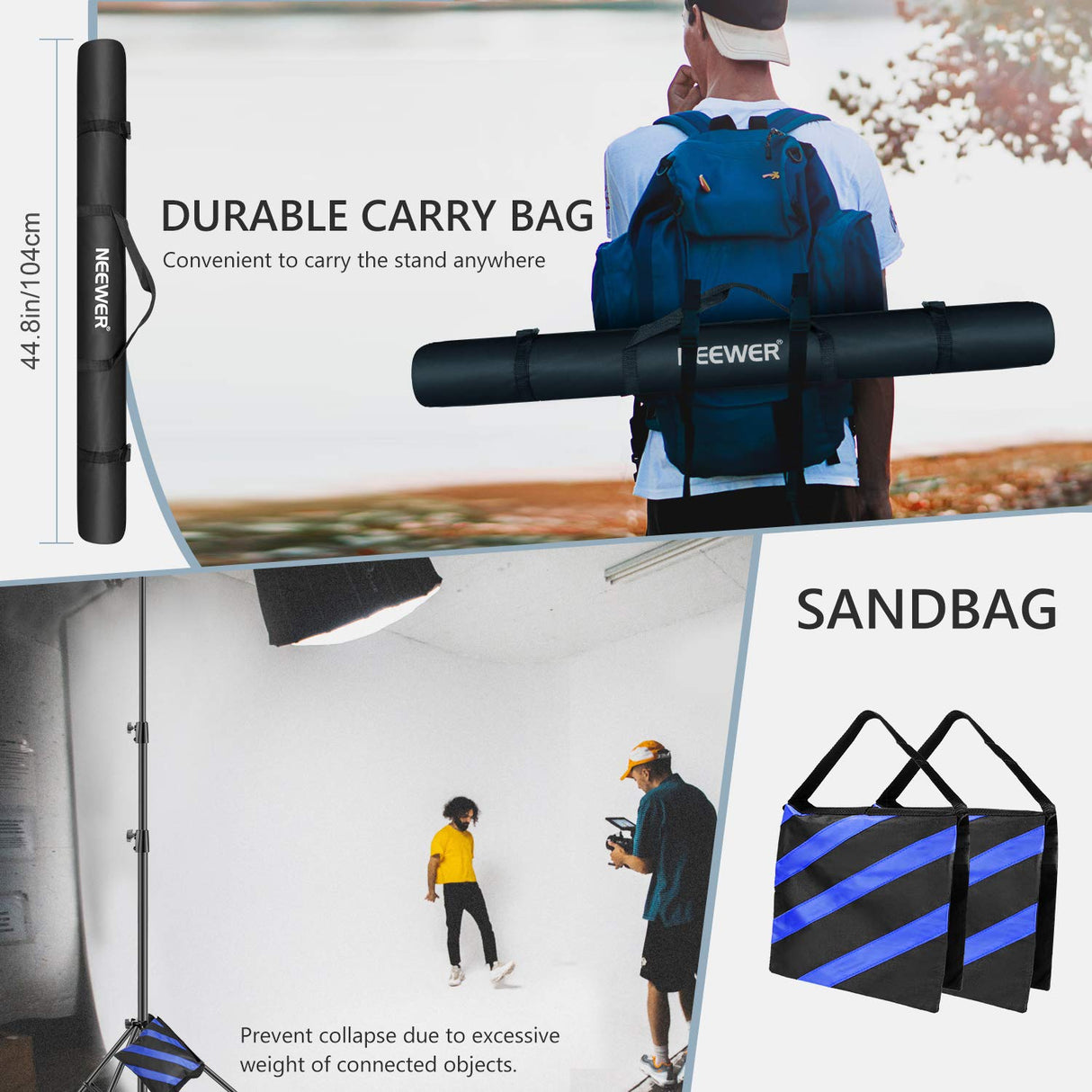 NEEWER Soportes Luz 3m Acolchado Resorte Pro Tarea Pesada Collares de Bloqueo de Metal Juego de 2 (Acabado Negro) con Bolsa de Transporte y Saco de Arena para Fotografía Video