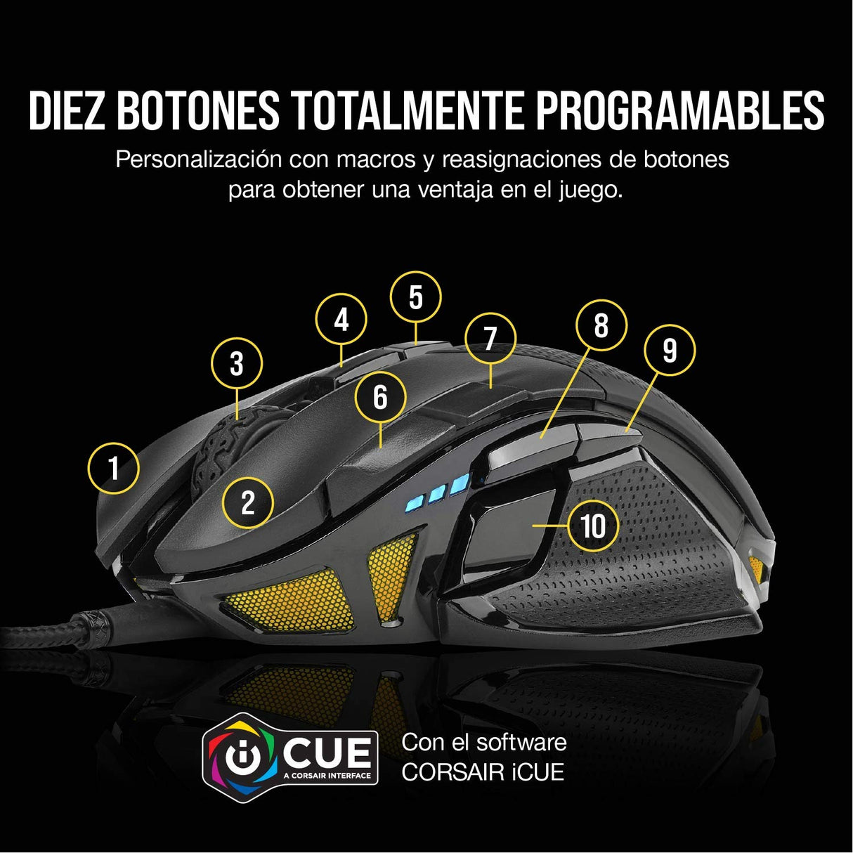 Corsair NIGHTSWORD RGB Ratón de Juego FPS/MOBA con Cable - 18.000 PPP - 10 Botones Programables - Sistema de Pesas - Compatible con iCUE - PC, Mac, PS5, PS4, Xbox - Negro