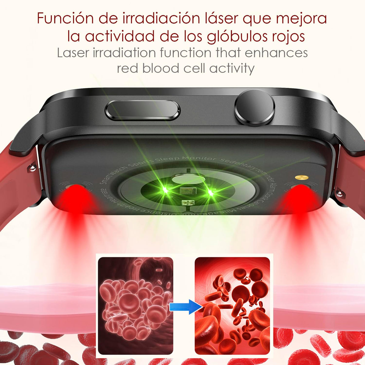 DAM Smartwatch F100 con Terapia de Salud con láser de Doble sonda. Monitor de O2, tensión y termómetro. Varios Modos Deportivos. 3,7x1,1x4,2 Cm. Color: Negro