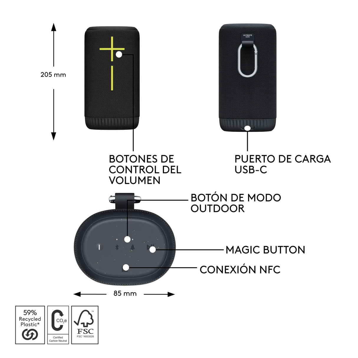 Ultimate Ears EVERBOOM, Altavoz Bluetooth portátil inalámbrico, Graves potentes, Sonido inmersivo de 360 Grados, Impermeable IP67, Flota, 20 Horas de batería, Radio de acción 55m - Negro