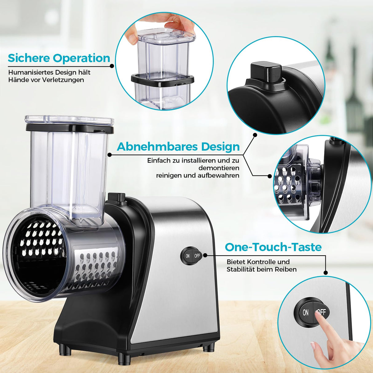 Cortador de verduras eléctrico, 250 W, cortador eléctrico de verduras, acero inoxidable, rallador de queso de acero inoxidable, gran calibre actualizado, multifuncional, con 5 cuchillas para