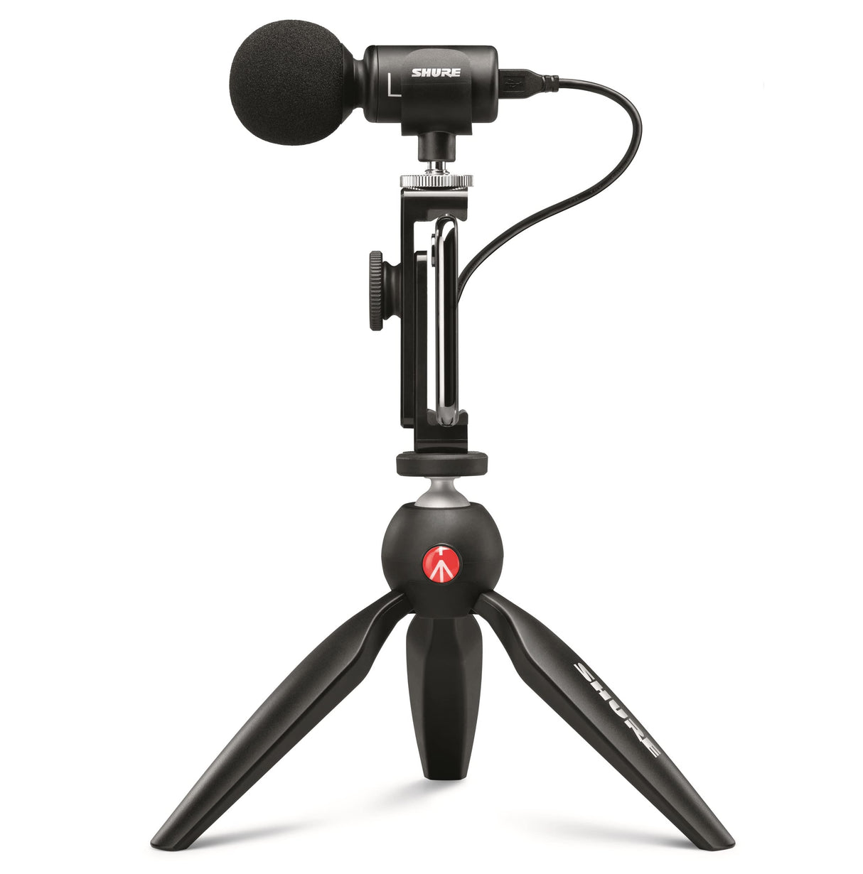 Shure MV88+ Micrófono de Condensador Kit de vídeo estéreo Digital para Apple y Android, con Cable, con trípode Manfrotto PIXI, Abrazadera para teléfono, Soporte y Cables iOS y USB-C
