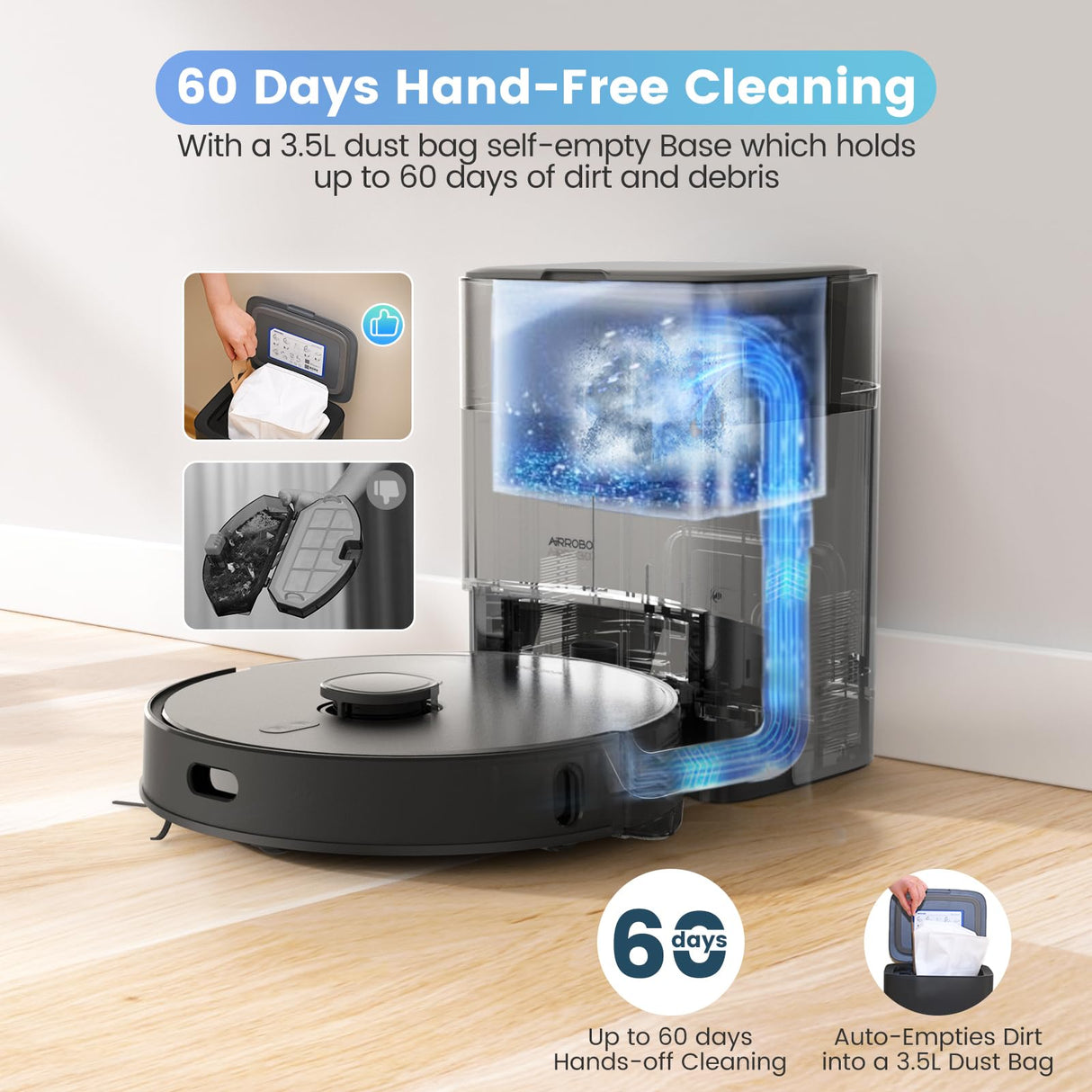 AIRROBO T20 Robot Aspirador y fregasuelos con Base autovaciado, Navegación láser, Succión 2700Pa, WiFi/Alexa/Google/App, Robot Aspirador mapeo, Sacchetto per Polvere da 3,3L, para Mascotas