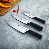 ZWILLING Juego de cuchillos, 3 piezas, Cuchillo para mechar y adornar, Cuchillo para carne, Cuchillo de chef, Mango especial de acero inoxidable/plástico, Four Star