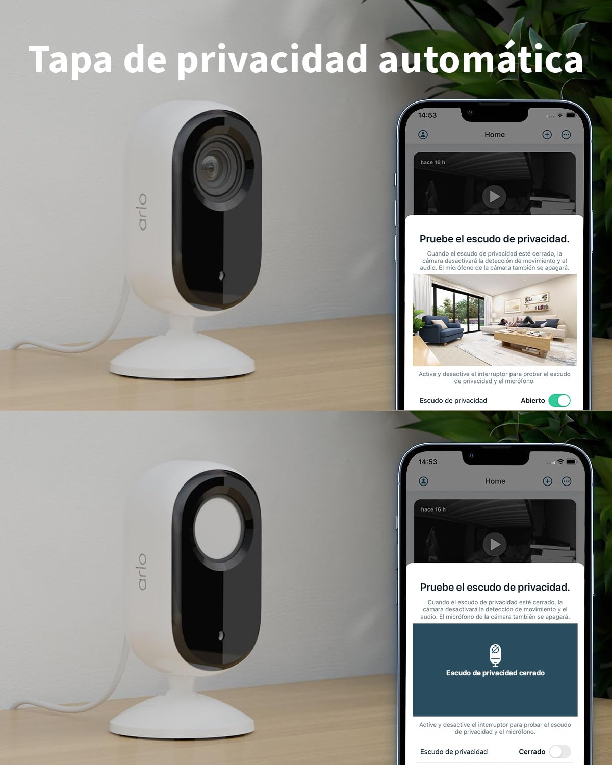 Arlo Essential 2 Indoor Camara Vigilancia Bebe/Mascotas 2K, Sensor de Movimiento, Alarmas Para Casa, Visión Nocturna, Prueba Arlo Secure Incluida, con cubierta de lente automática, 2 Cámaras, Blancas