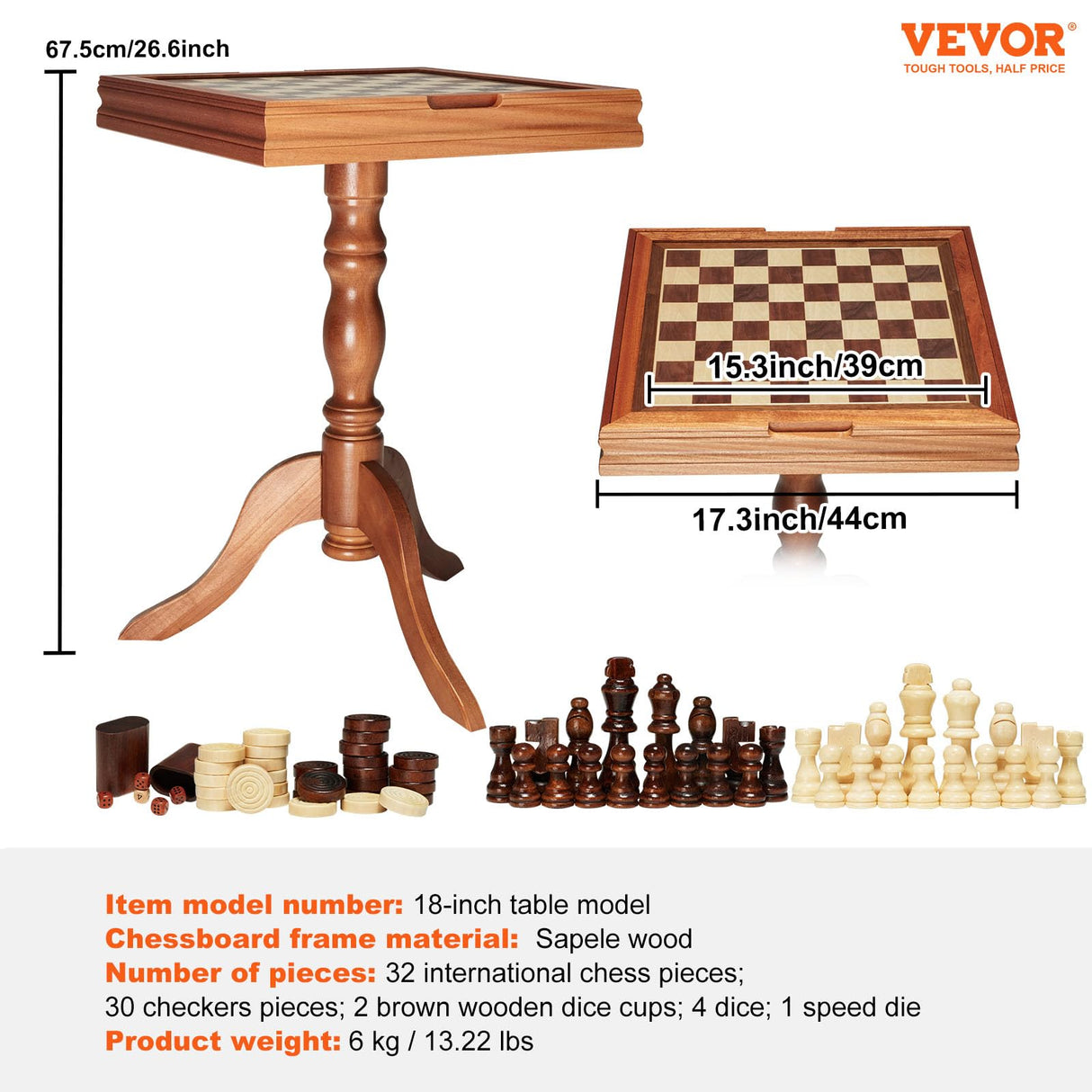 VEVOR Juego de ajedrez de Damas y Backgammon 3 en 1, Tablero de ajedrez de Madera 44 x 67,5 cm, Mesa de Juego combinada de Lujo, Materiales de Regalo Ideales para Juegos de Mesa