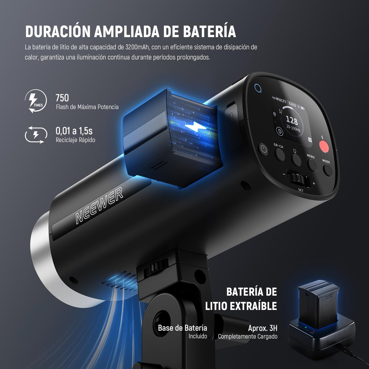 NEEWER Q200 200Ws 2.4G TTL Flash Strobe Estudio para Exteriores con APP Control, 1/8000 HSS, 3200mAh Fotografía con Batería Monolight Speedlite Lámpara Modelar 10W/Flash 750/Reciclaje de 0.01~1.5s