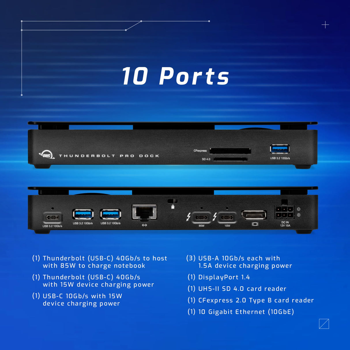 OWC Thunderbolt Pro Dock - 2X Thunderbolt 3 (USB-C), 1x USB 3.2 Gen 2 Tipo-C, 3X USB 3.2 Gen 2 Tipo-A, 1x DisplayPort, 1x 10 Gigabit Ethernet (10GbE), 1x Ranura para CFexpress, 1 Ranura para SD Black