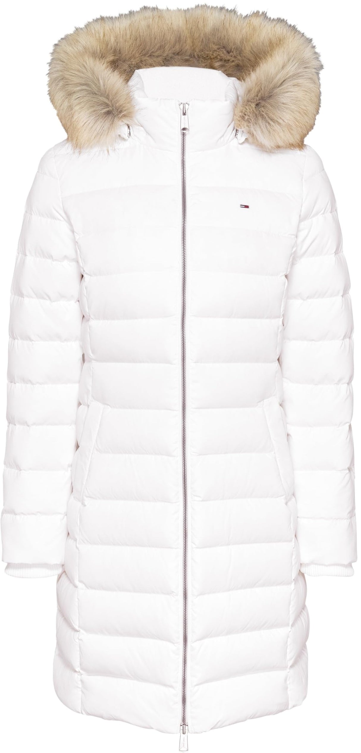 Tommy Jeans Abrigo de Plumas Mujer Essential Hooded Down Coat con Piel Sintética, Blanco (White), L