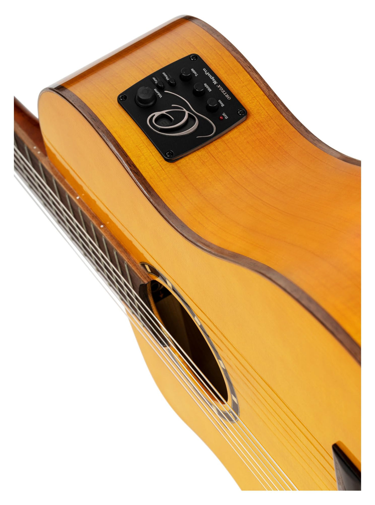 Ortega Guitars Family Series Pro - Guitarra flamenca para zurdos, tamaño 4/4, electroacústica, pícea y ciprés con acabado brillante, color amarillo – Incluye funda (RCE170F-L)