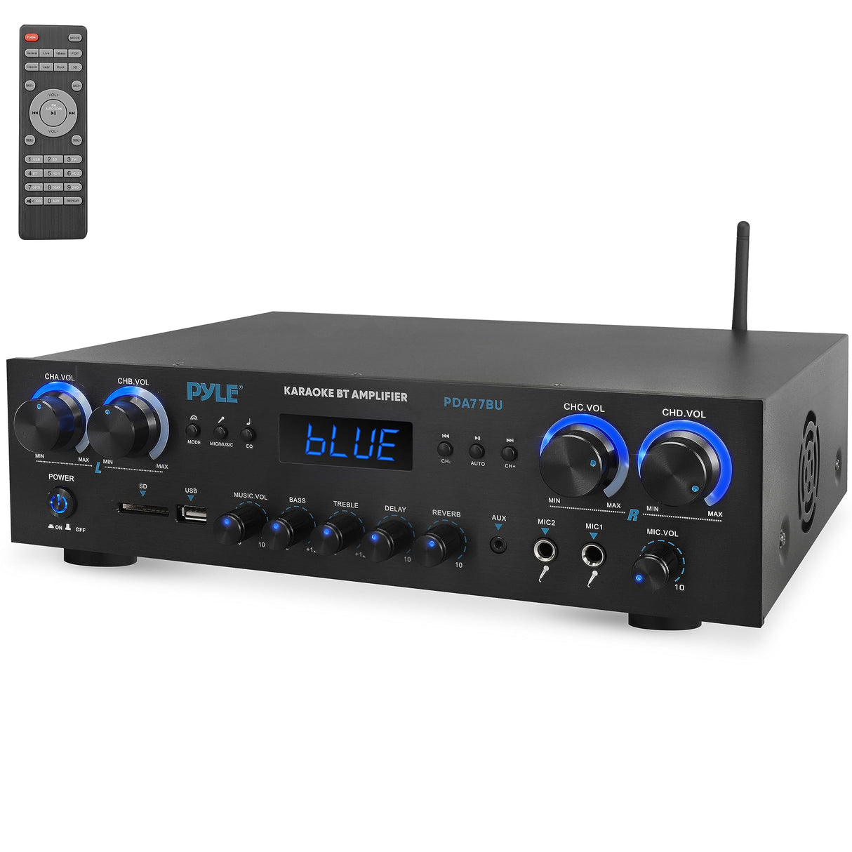 Pyle Amplificador de Sonido, Cine en casa, 800W, Bluetooth, Estereo, para el hogar, 4 Canales, con MP3/USB/SD/AUX/RCA/FM, Microfono, Auriculares, Volumen LED