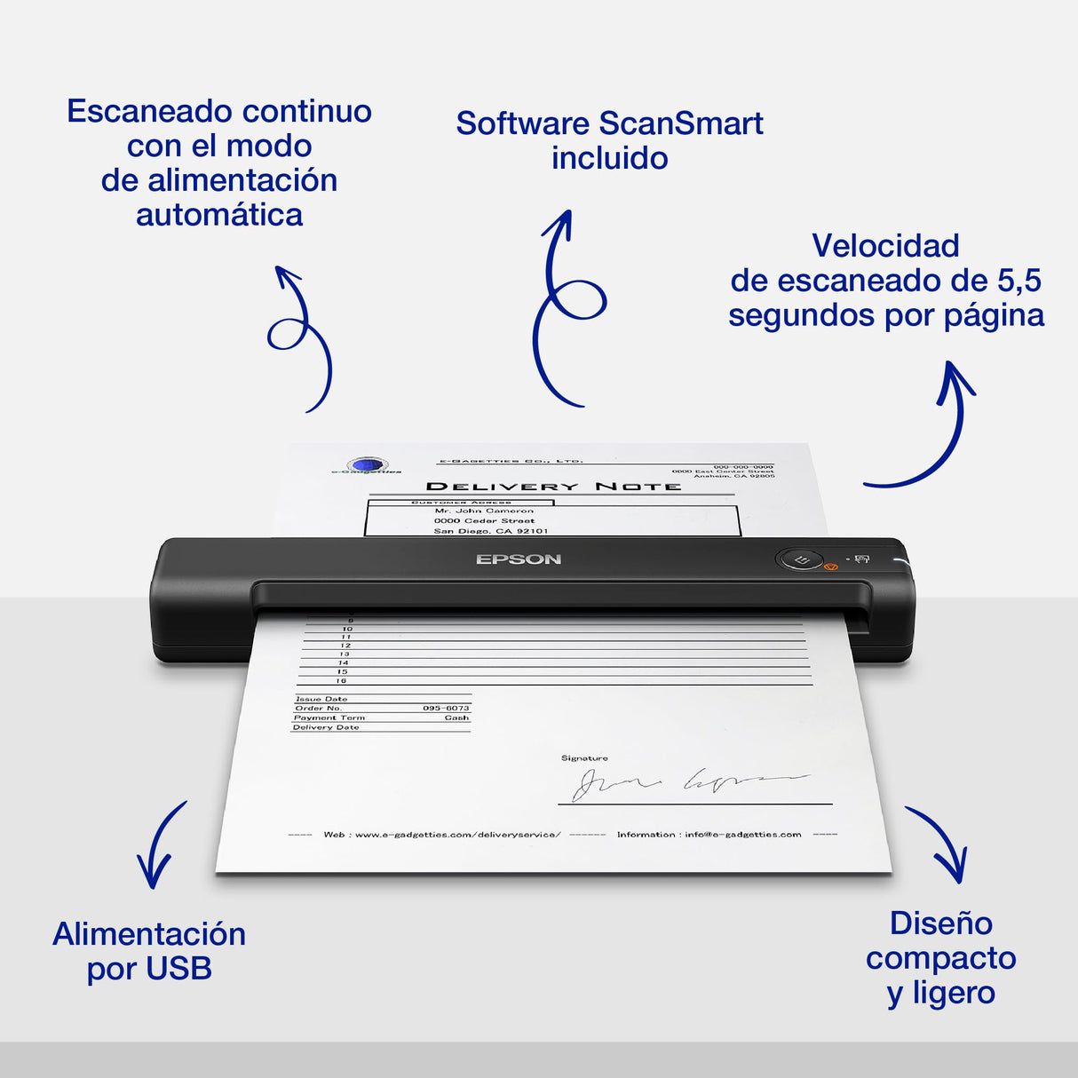 Escáner móvil rápido WorkForce ES-50 A4 con tecnología Epson ScanSmart y sin tiempo de encendido