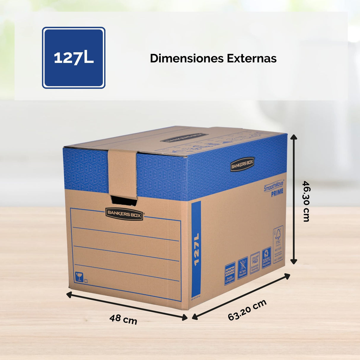 BANKERS BOX SmoothMove Cajas de transporte y mudanza súper resistentes, doble espesor, con asas, no necesita cinta de embalar, montaje automático FastFold, 127 litros, 45.5 x 60.5 x 45.5 cm, pack de 5