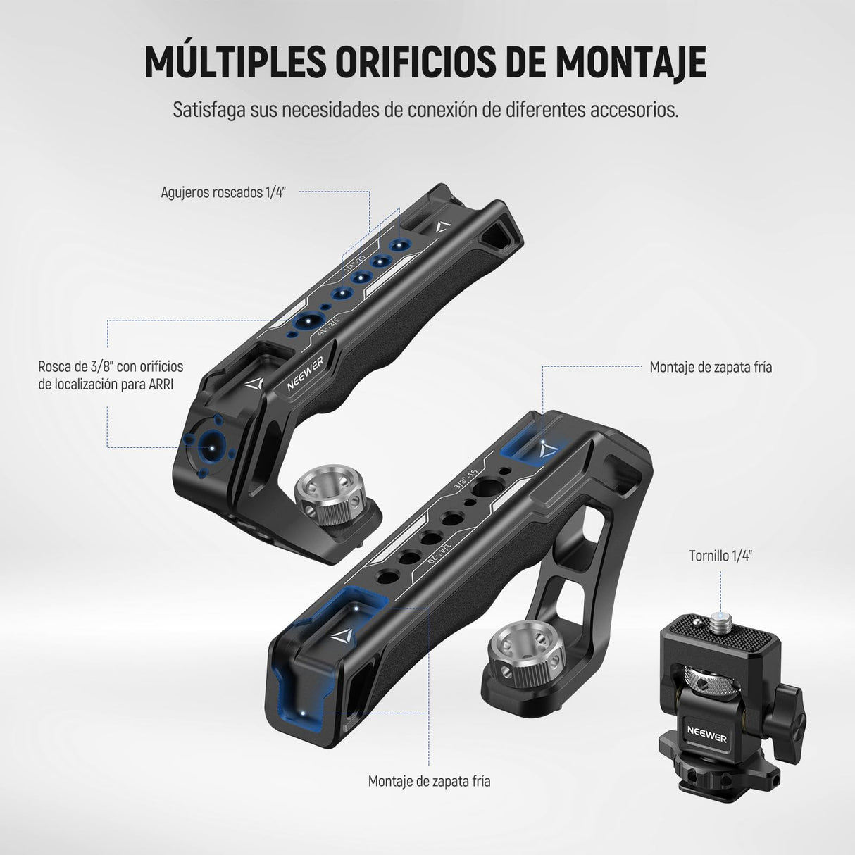 NEEWER Cámara Jaula Universal+Top Handle y Soporte Monitor Cold Shoe, Estabilizador Gimbal Cámara Tipo Arca, 2 Asas, 3/8" para ARRI, Rig Video Compatible con SmallRig Accesorios, CA016T+MA006