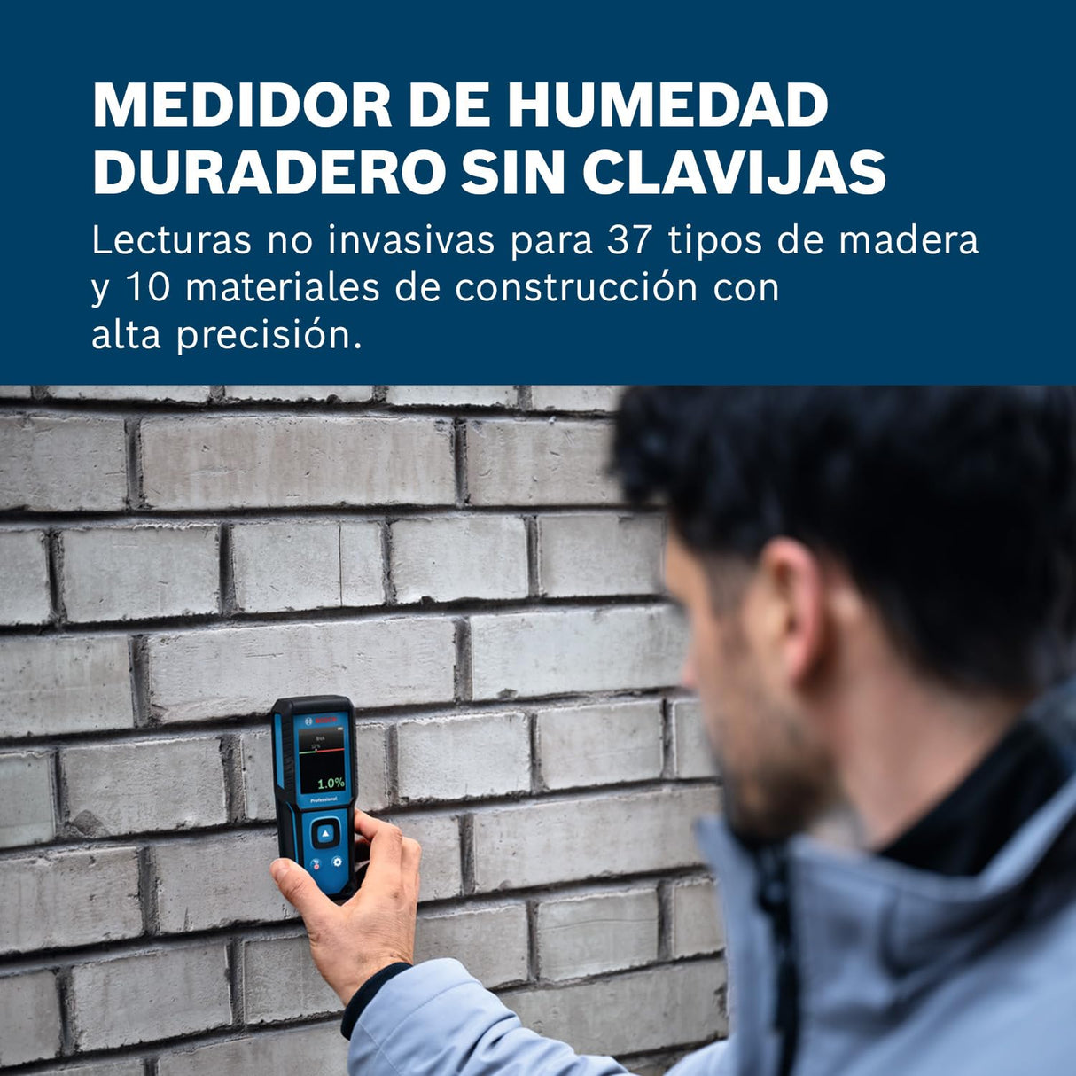 Medidor de humedad GMM 1-15 de Bosch Professional sin clavijas (no invasivo, mide 37 tipos de madera y 10 materiales de construcción, clasificación IP65, 2 pilas AA, bolsa)