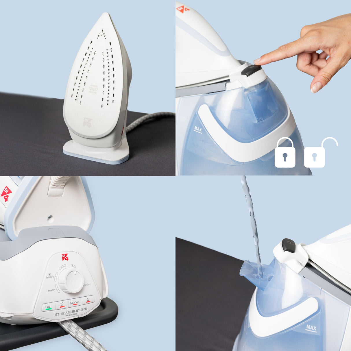 DI4 Centro de Planchado Jet Pressing Healthy 8B, 2600W, Golpe de Vapor 700gr, Vapor Continuo 150gr/min, Elimina 99,99% de Virus y Bacterias, Tecnología SmartCare, Suela 4D PROslide, Blanco