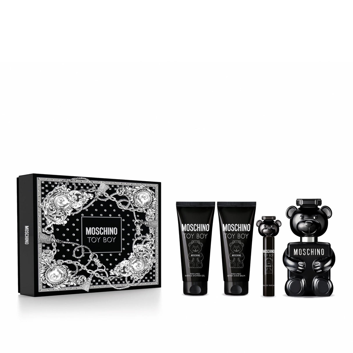 Moschino Toy Boy Eau de Parfum - Juego de Regalo de 100 ml (Contiene EDP, Gel de Ducha, bálsamo para después del Afeitado y Spray de Viaje de 10 ml)