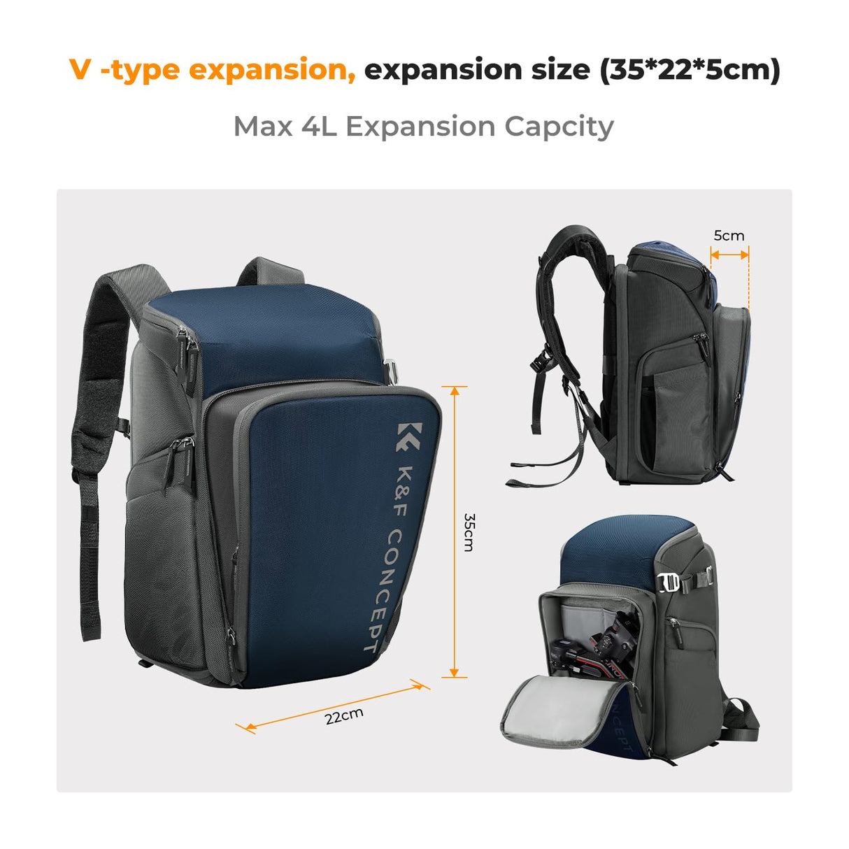 K&F Concept Mochila Cámara Profesional, Bolsa Fotógrafos Cámara Impermeable de Gran Capacidad para Camera Reflex Digital DSLR, Adecuado para viajes al aire libre senderismo fotografía Azul