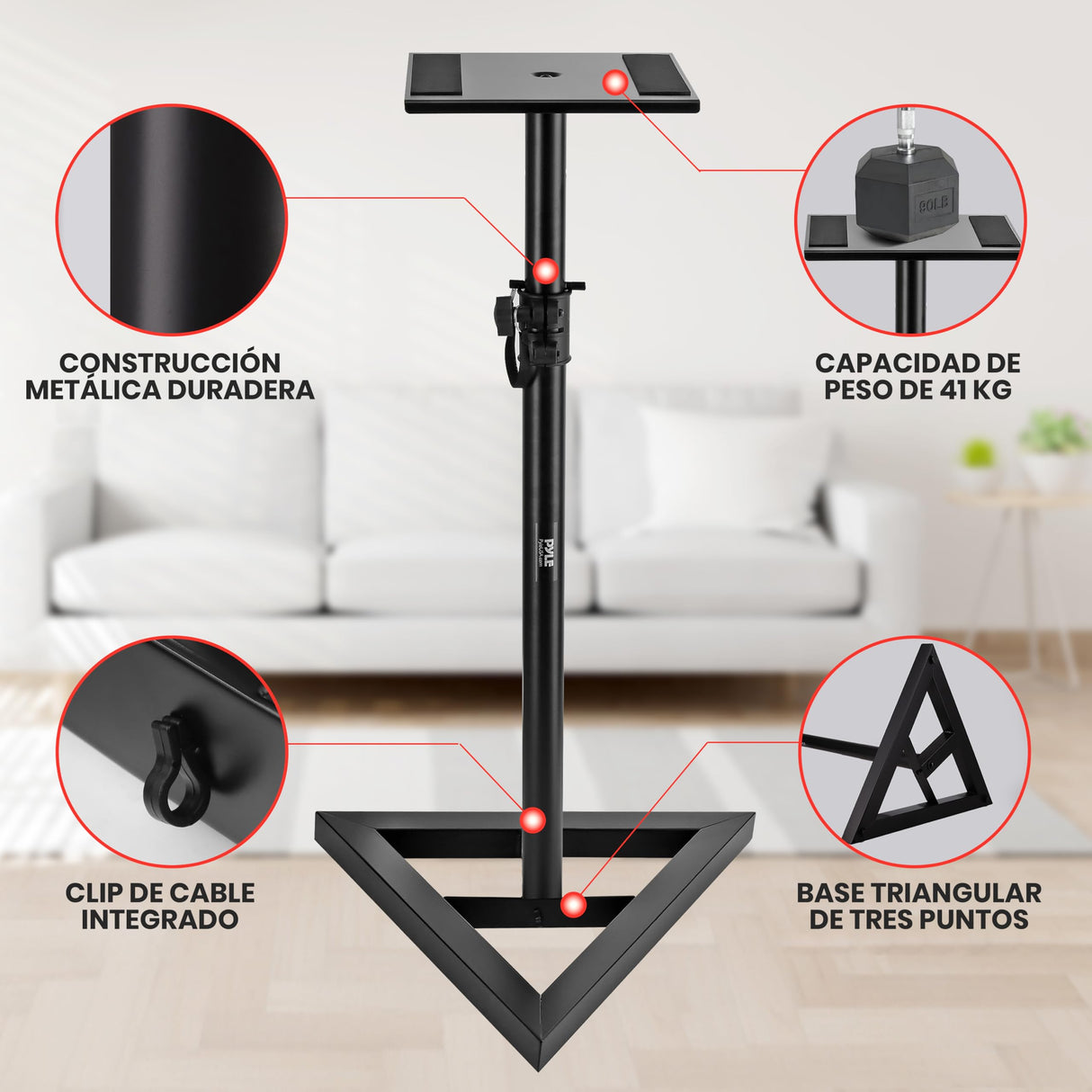 Pyle Soporte Altavoz Suelo, Base Triangular, pies para monitores de Estudio, Altura Ajustable de 26” a 52”. Color Negro. 1 par