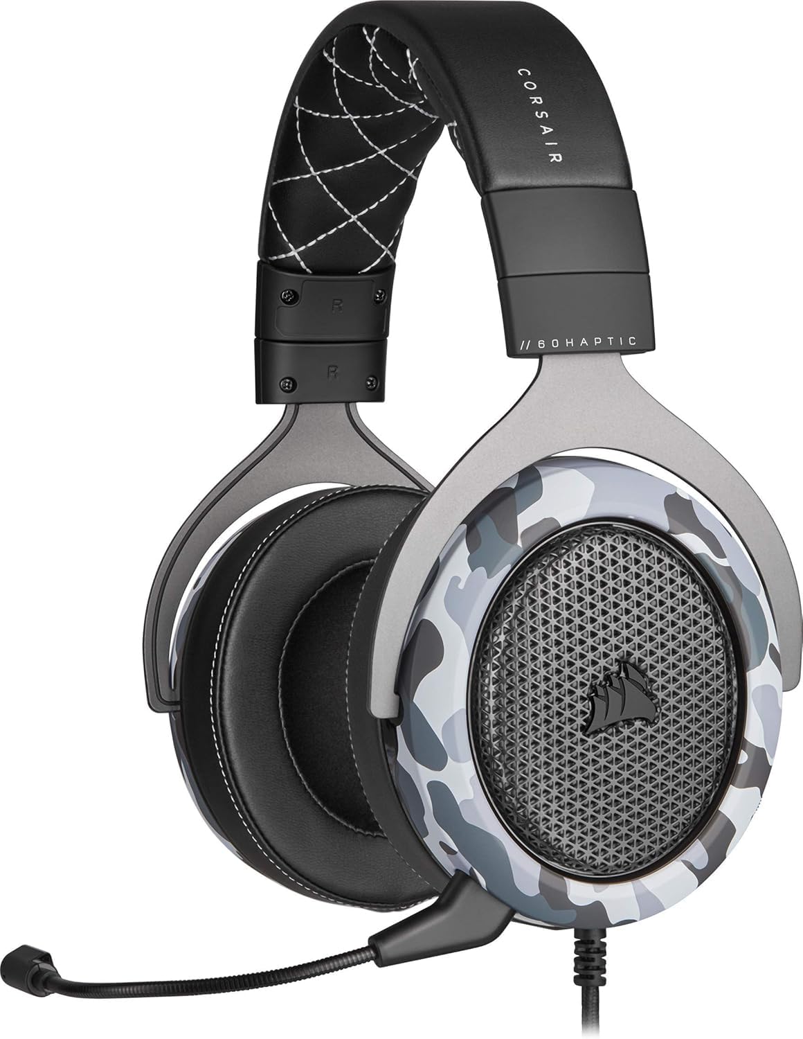 Corsair HS60 HAPTIC Auriculares Estéreo para Juegos con Efectos Hápticos en Los Bajos (Taction Technology, Almohadillas de Lujosa Espuma Viscoelástica, Micrófono Extraíble) Camo