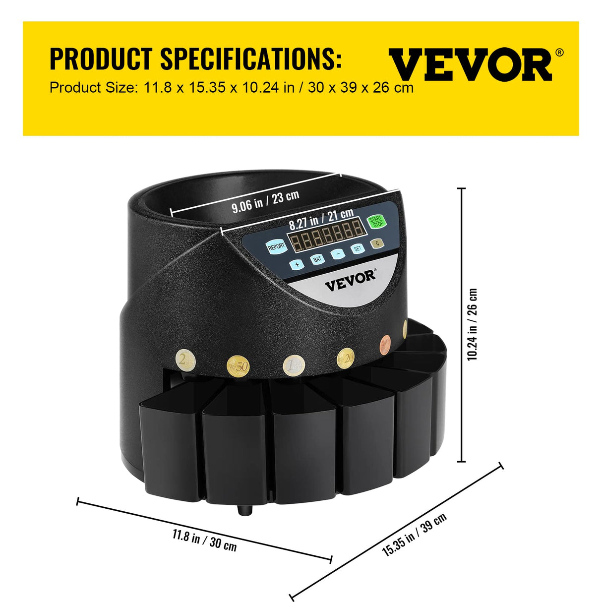 VEVOR Contador de Monedas Euro Profesional 220 V, Clasificador de Monedas Pantalla LED de 7 Dígitos 170 Monedas por Minuto, Máquina de Conteo de Monedas con 8 Cajas de Recolección de Alta Precisión